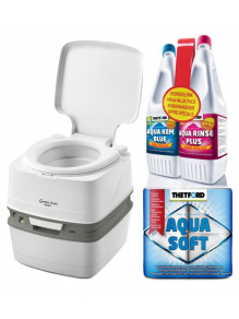 Toaleta turystyczna przenośna ze wskaźnikiem Campa Potti Qube XGL Luxe + Zestaw płynów Aqua Rinse Plus 1.5 L + Aqua Kem Blue 2 L + papier toaletowy Aqua Soft - Thetford